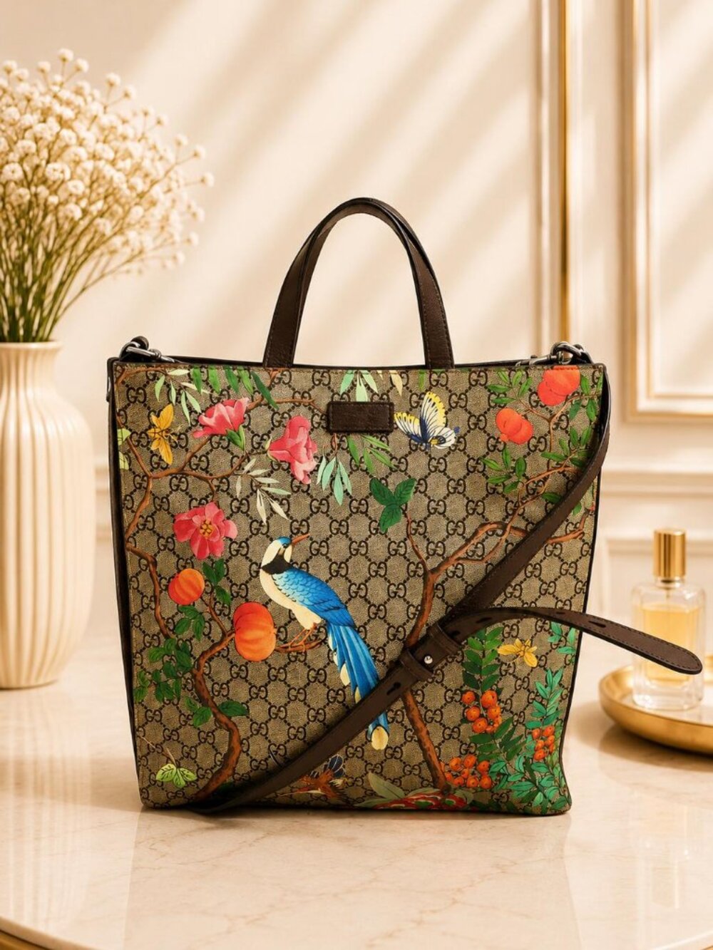 Authentic Gucci Tian GG Supreme Tote Crossbody Bag Floral Bird Print